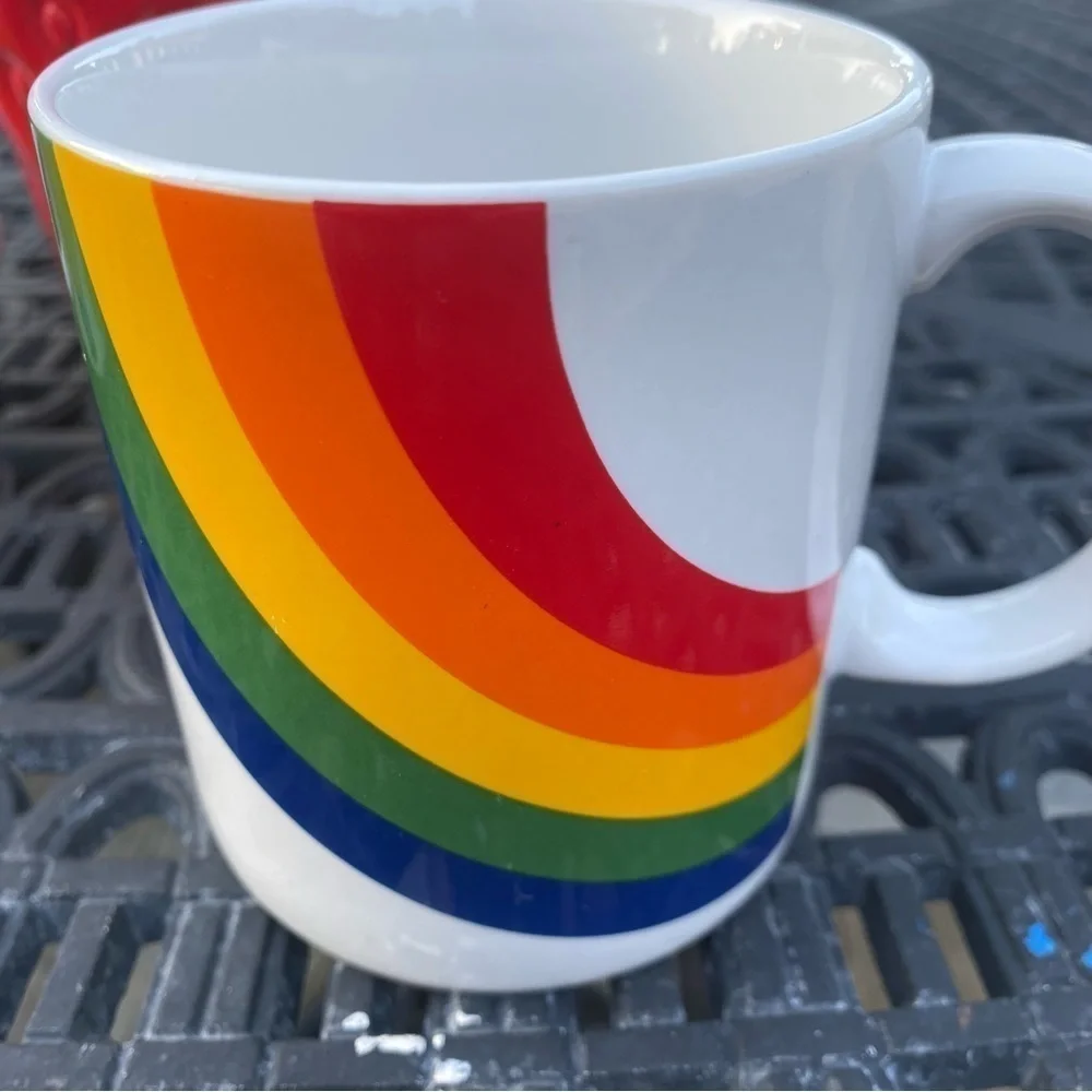 Four Vintage Kitschy Coffee Mugs Rainbow Strawberry Nautical Primary Colors
